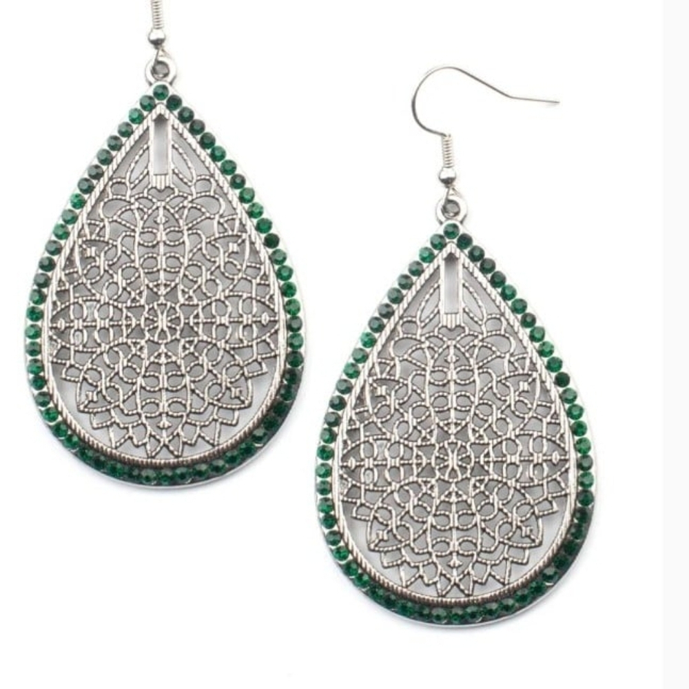Fleur de Fantasy Green Teardrop Earrings Paparazzi Silver Fashion Jewelry
